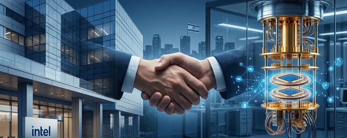 אילוסטרציה של שיתוף פעולה בין אינטל ל־Classiq: מעבד קוונטי, מעבדת מחשוב וטכנולוגיה ישראלית