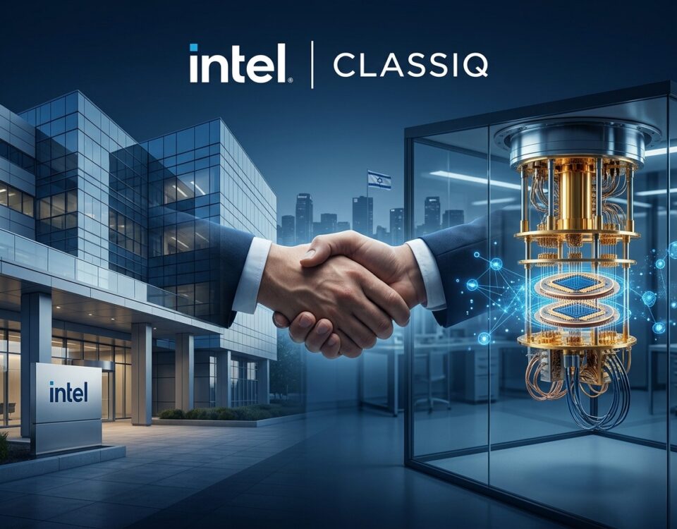 אילוסטרציה של שיתוף פעולה בין אינטל ל־Classiq: מעבד קוונטי, מעבדת מחשוב וטכנולוגיה ישראלית