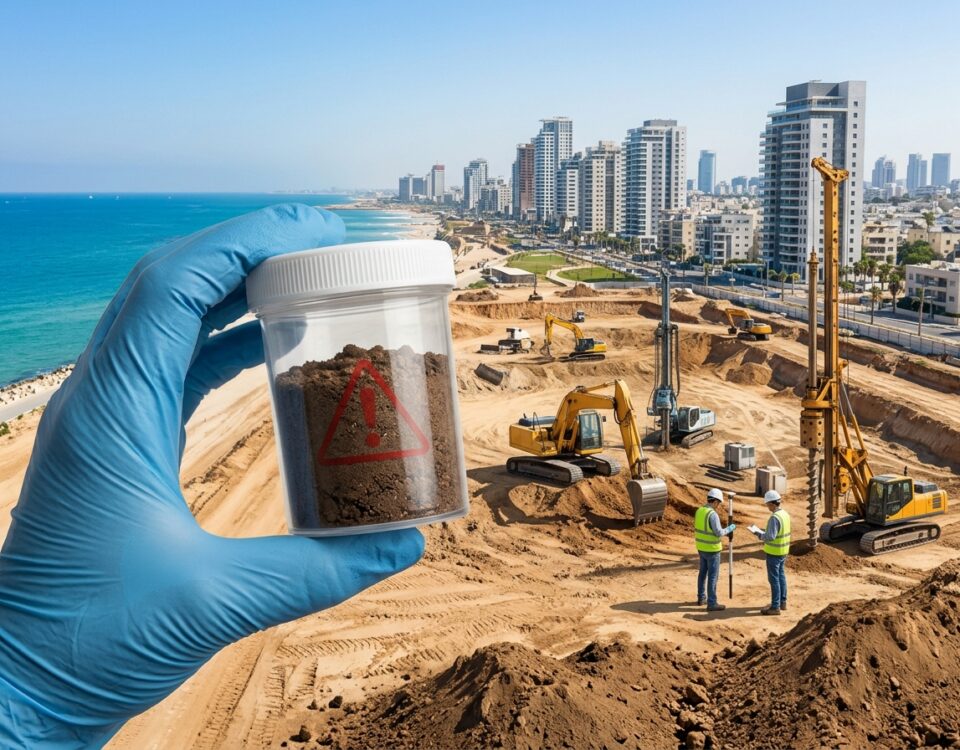 אילוסטרציה: בדיקת דגימת קרקע באתר בנייה באזור שדה דב בתל אביב על רקע פרויקטי נדל״ן