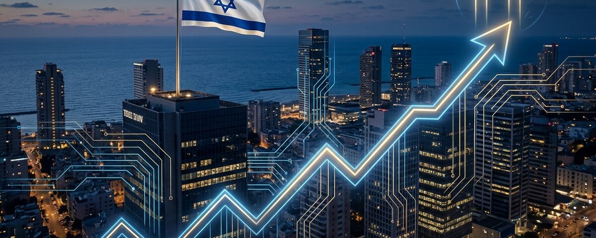 קו הרקיע של תל אביב, דגל ישראל ומעגלי בינה מלאכותית בגרף צמיחה — אילוסטרציה לתחזית ביל אקמן על עתיד ההייטק