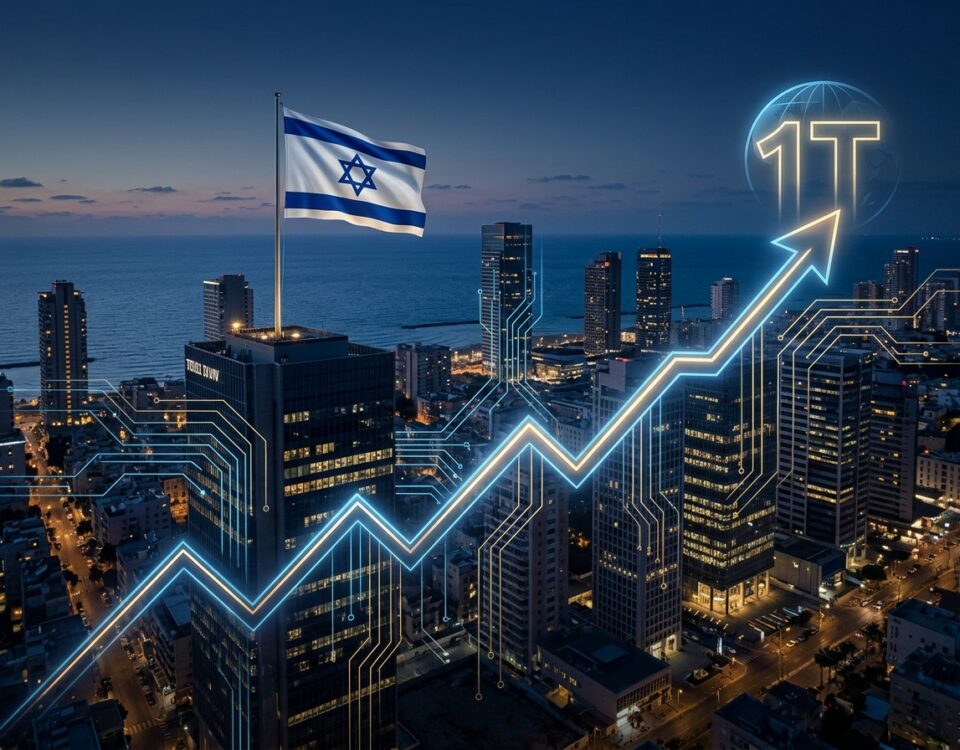 קו הרקיע של תל אביב, דגל ישראל ומעגלי בינה מלאכותית בגרף צמיחה — אילוסטרציה לתחזית ביל אקמן על עתיד ההייטק