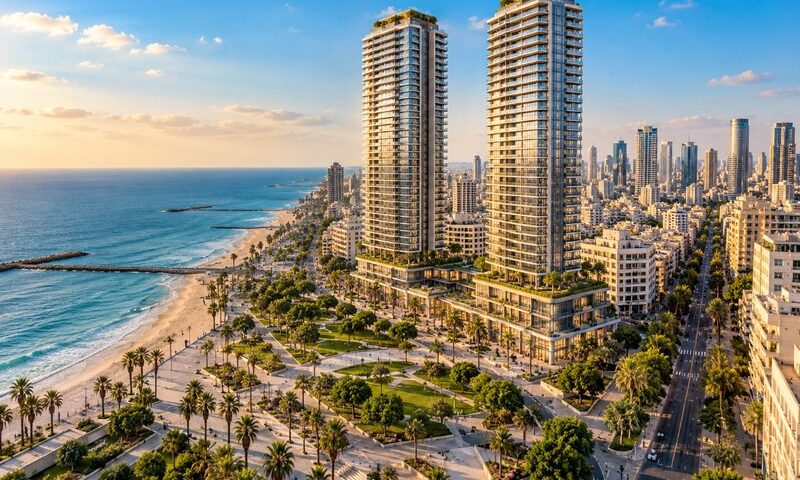 אילוסטרציה של התחדשות עירונית מול חוף תל אביב ובה שני מגדלים ומרחב ציבורי; אינה הדמיית התוכנית לכיכר אתרים