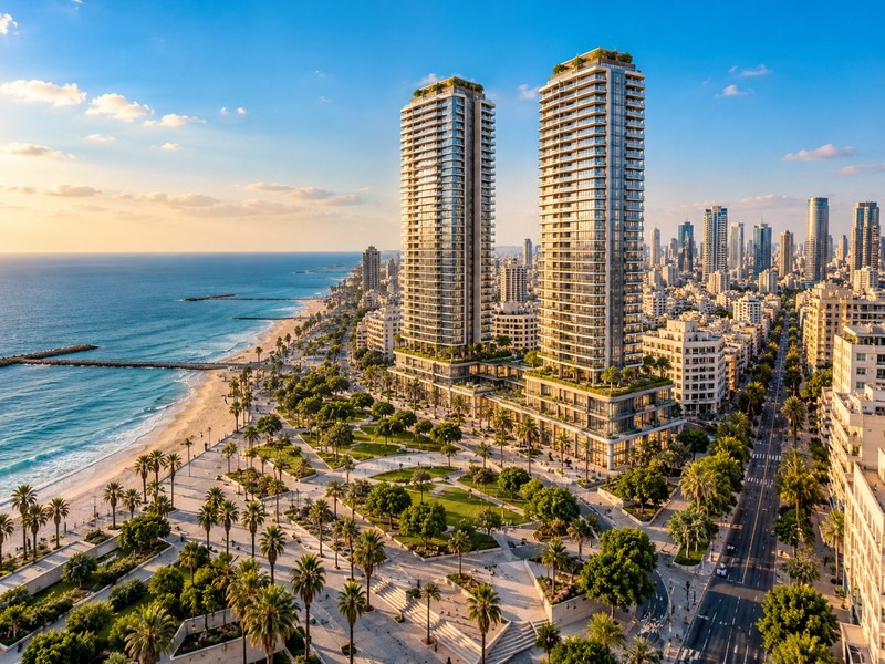 אילוסטרציה של התחדשות עירונית מול חוף תל אביב ובה שני מגדלים ומרחב ציבורי; אינה הדמיית התוכנית לכיכר אתרים